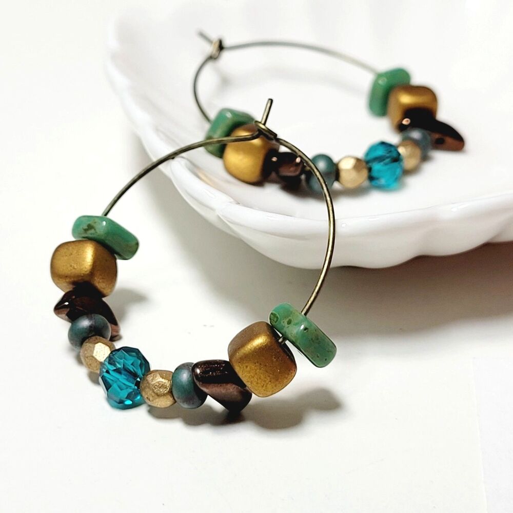 Blue Crystal Antique Bronze Hoops Hidden Meaning earrings Pop of Color 671■